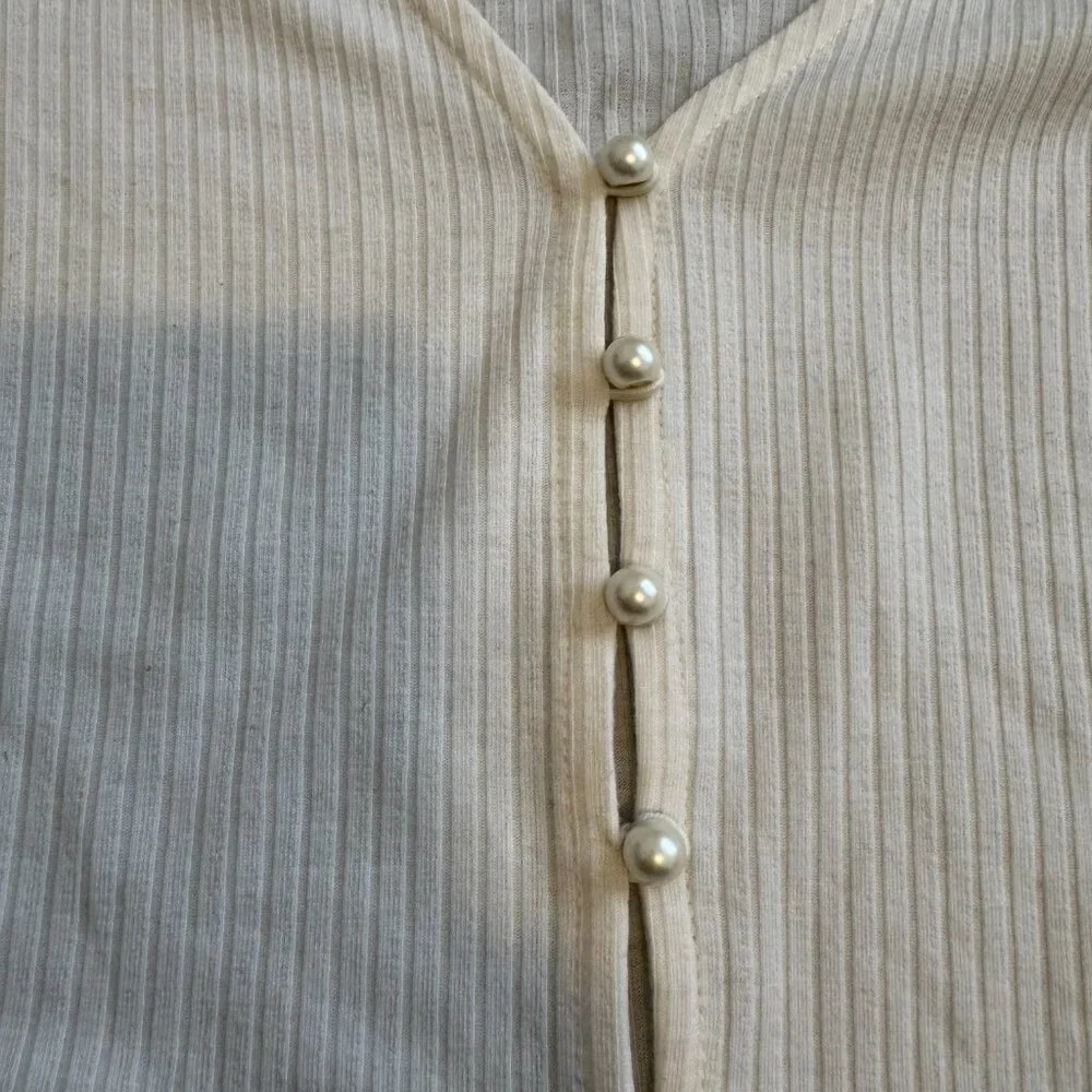 Cream Ribbed Top with Pearl Buttons - Picture 2 of 3